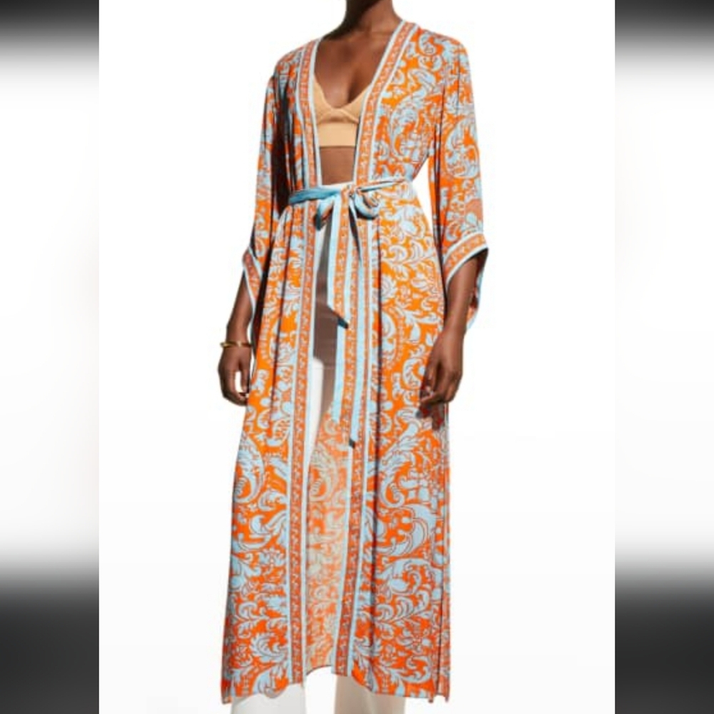 Alice + Olivia Domino Maxi Orange and Blue Kimono With Tie  Belt - Picture 3 of 4